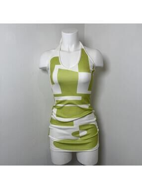 Green and white retro halter neck dress 70s pinup